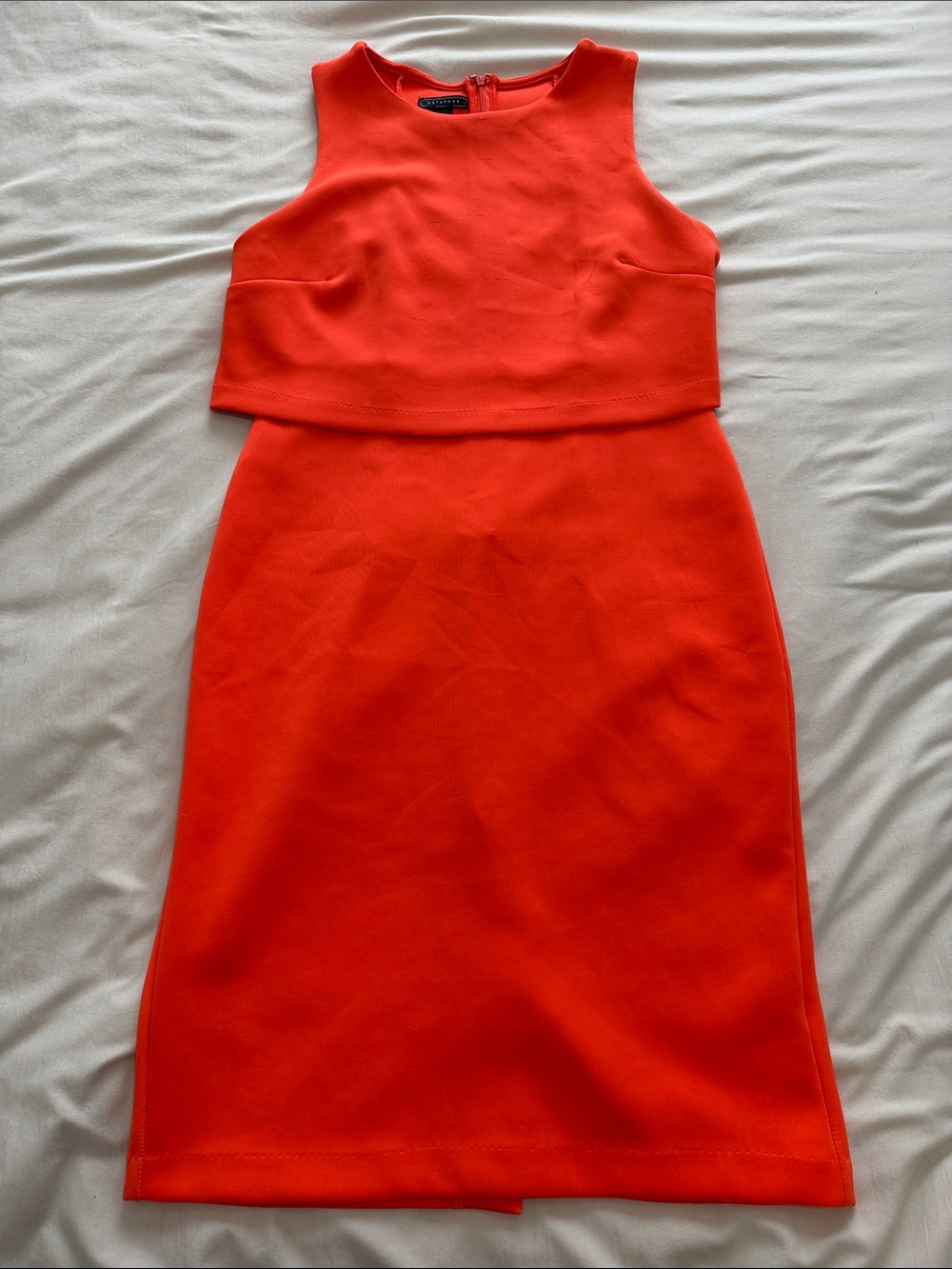 Metaphor Bright Orange Sleeveless Sheath Dress with Crop Overlay